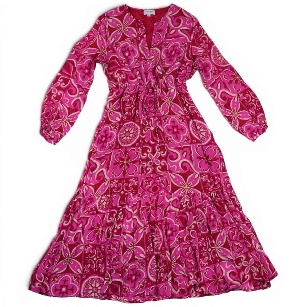 Olivia James Lydia Pink Tile Print Tie Waist Midi Dress Long Sleeve Small